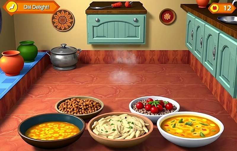 Dal Delight Gameplay Screenshot Dal Delight game screenshot showing traditional Indian kitchen with various dal preparations