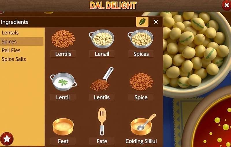 Dal Delight Ingredient Selection Interface Dal Delight ingredient selection screen showing various lentils, spices and cooking utensils
